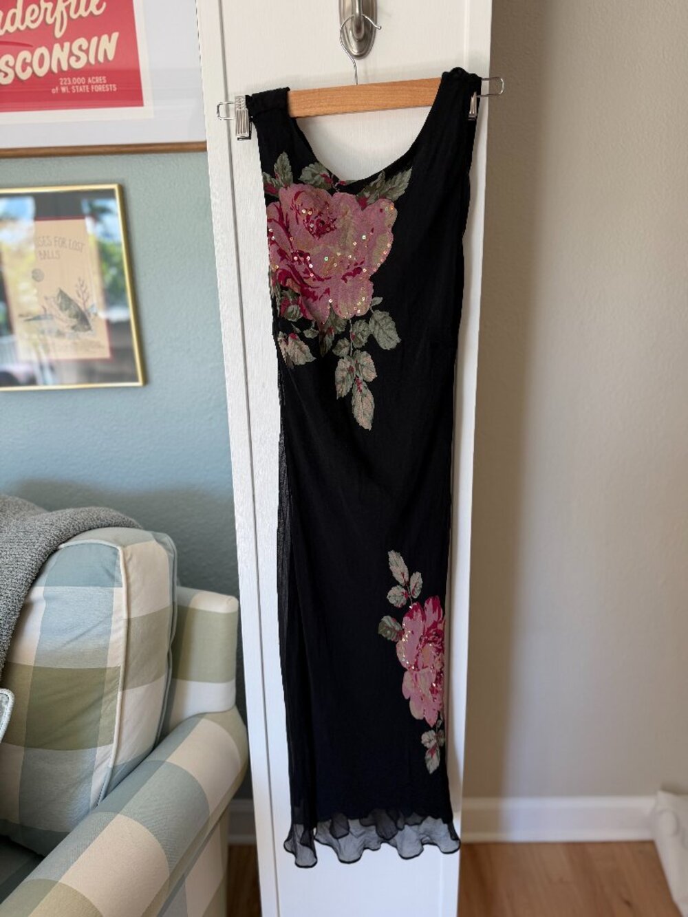 Vtg 90s Robbie Bee 100% Silk Black Floral Beaded Sequin Slip Dress - Size 8